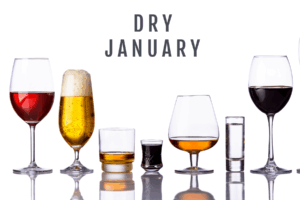 Several containers of various types of alcohol with text overlay that says, "Dry January."