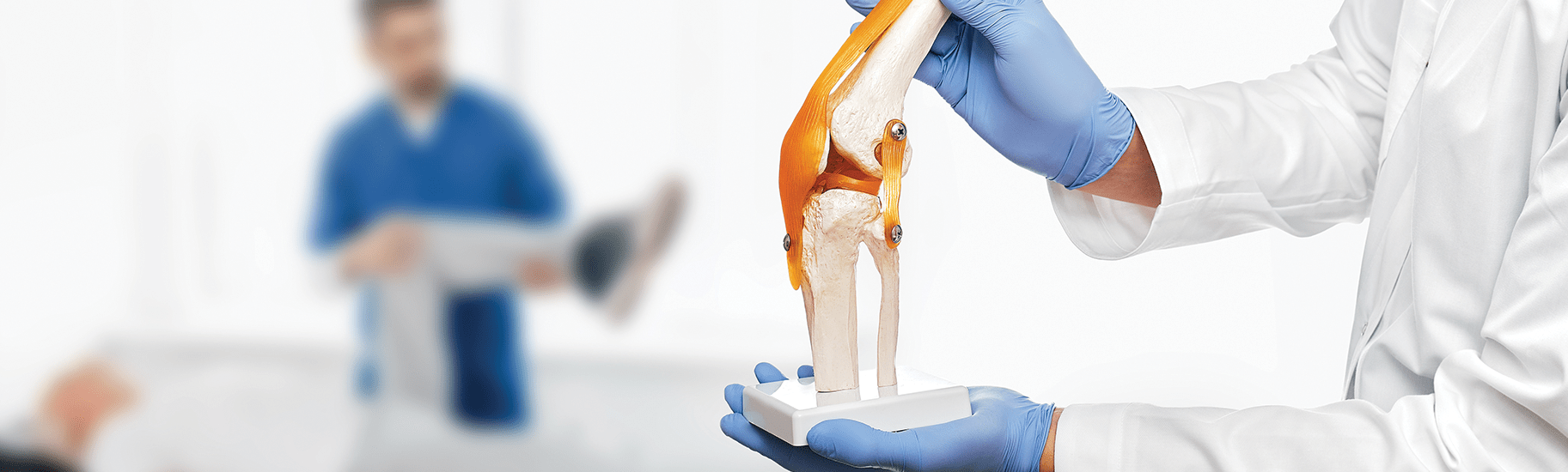 Gloved hands hold a model of a human knee while a man in scrubs holds a patient's leg in the background.