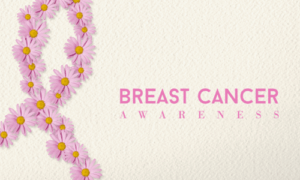 Breast Cancer Awareness Pink flowers in ribbon shape with text: Breast Cancer Awareness.