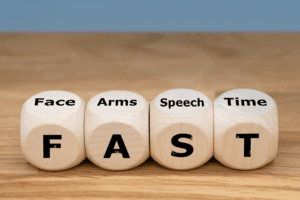 Fast Stroke Awareness-02 Four blocks spelling out the acronym for Fast stroke response. Face, arms, speech, and time.